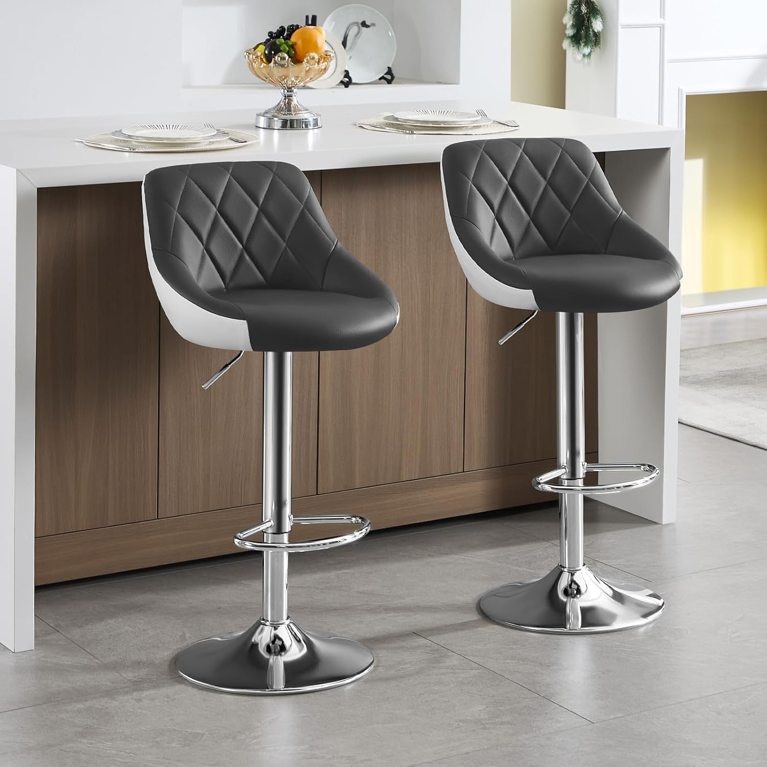Grey+White Swivel Bar Stool – Adjustable Velvet Seat with Footrest