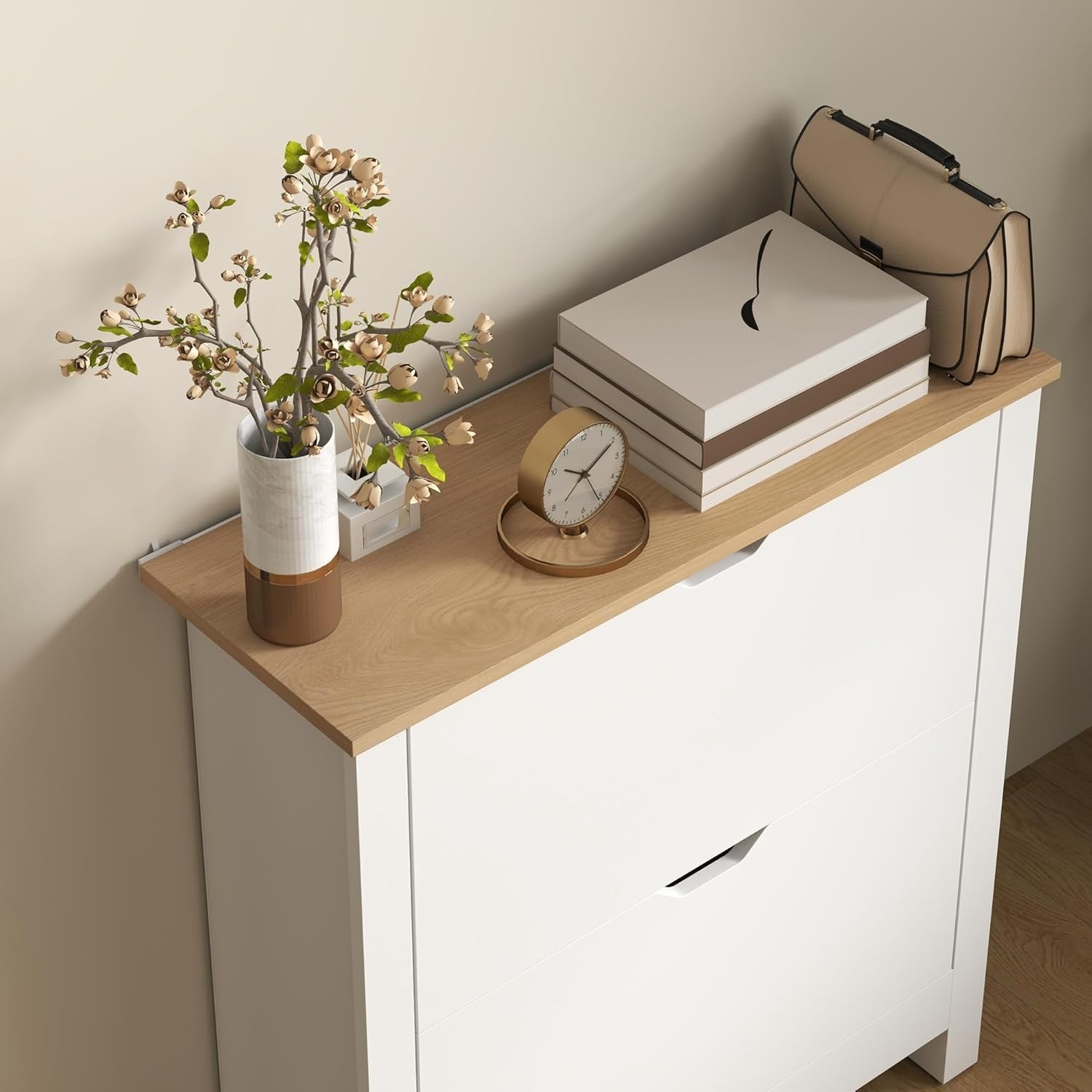 Slim White Shoe Cabinet 2 Flip Drawers Gloss Finish Narrow Storage Unit