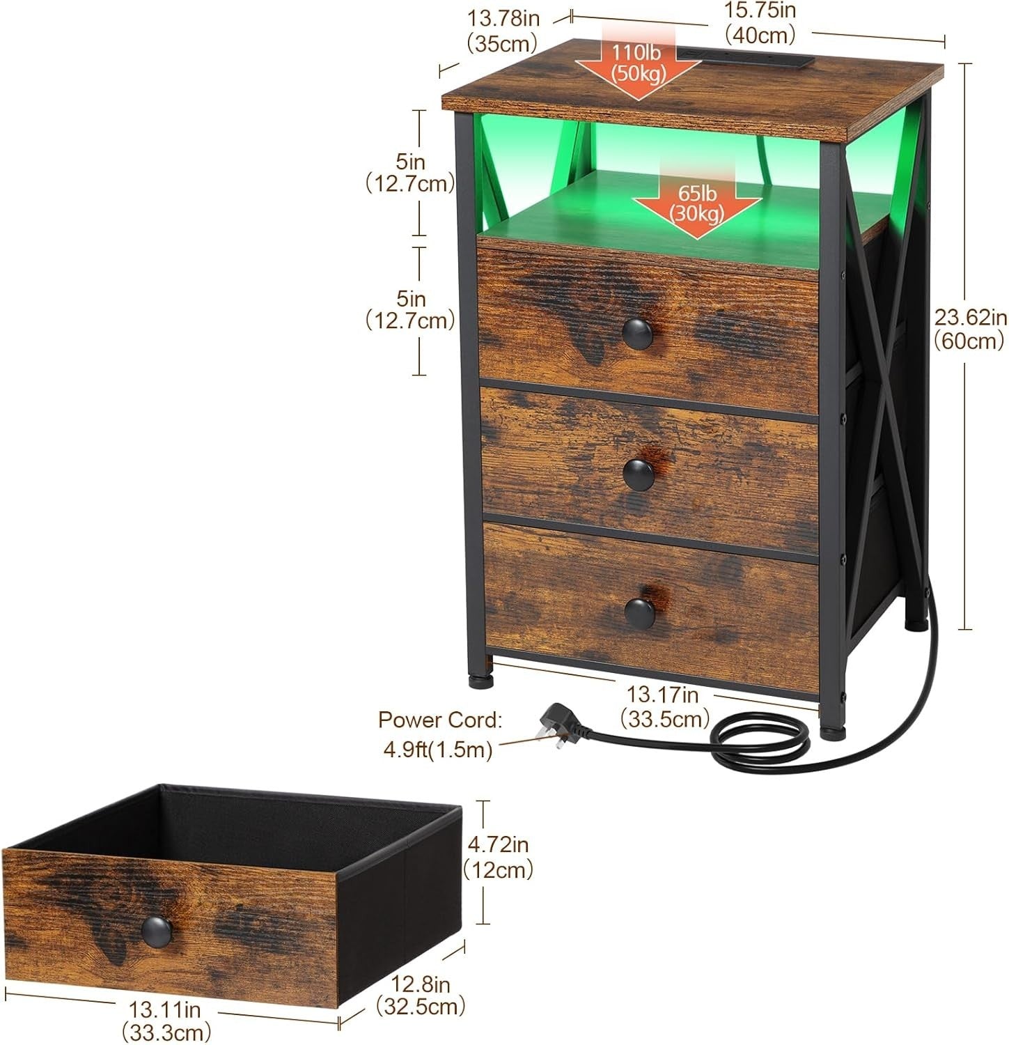 Rustic LED Bedside Table with Charging Station | 3 Drawer Nightstand