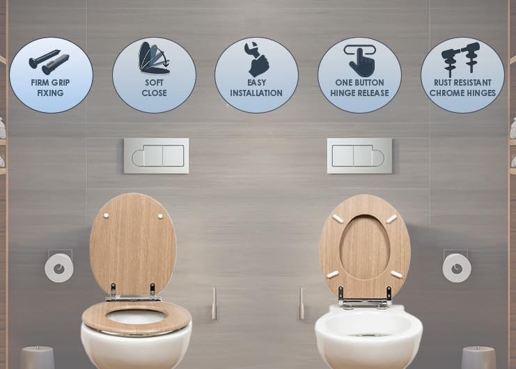 Oak Toilet Seat Tongue & Groove Moulded Wood Stainless Steel Hinges 42x35cm