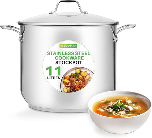 11.3L Stainless Steel Stock Pot with Glass Lid Induction Ready Heavy Duty Soup