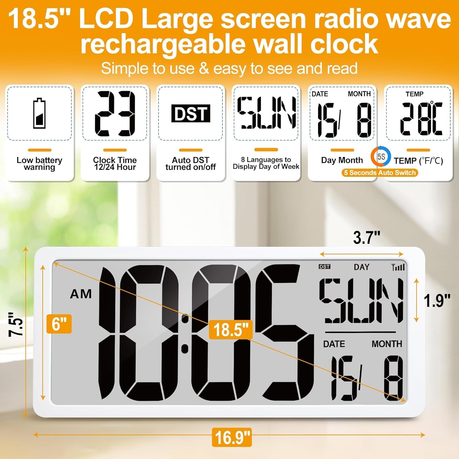 Large Atomic Digital Wall Clock 18.5'' Backlit Date Temperature Battery