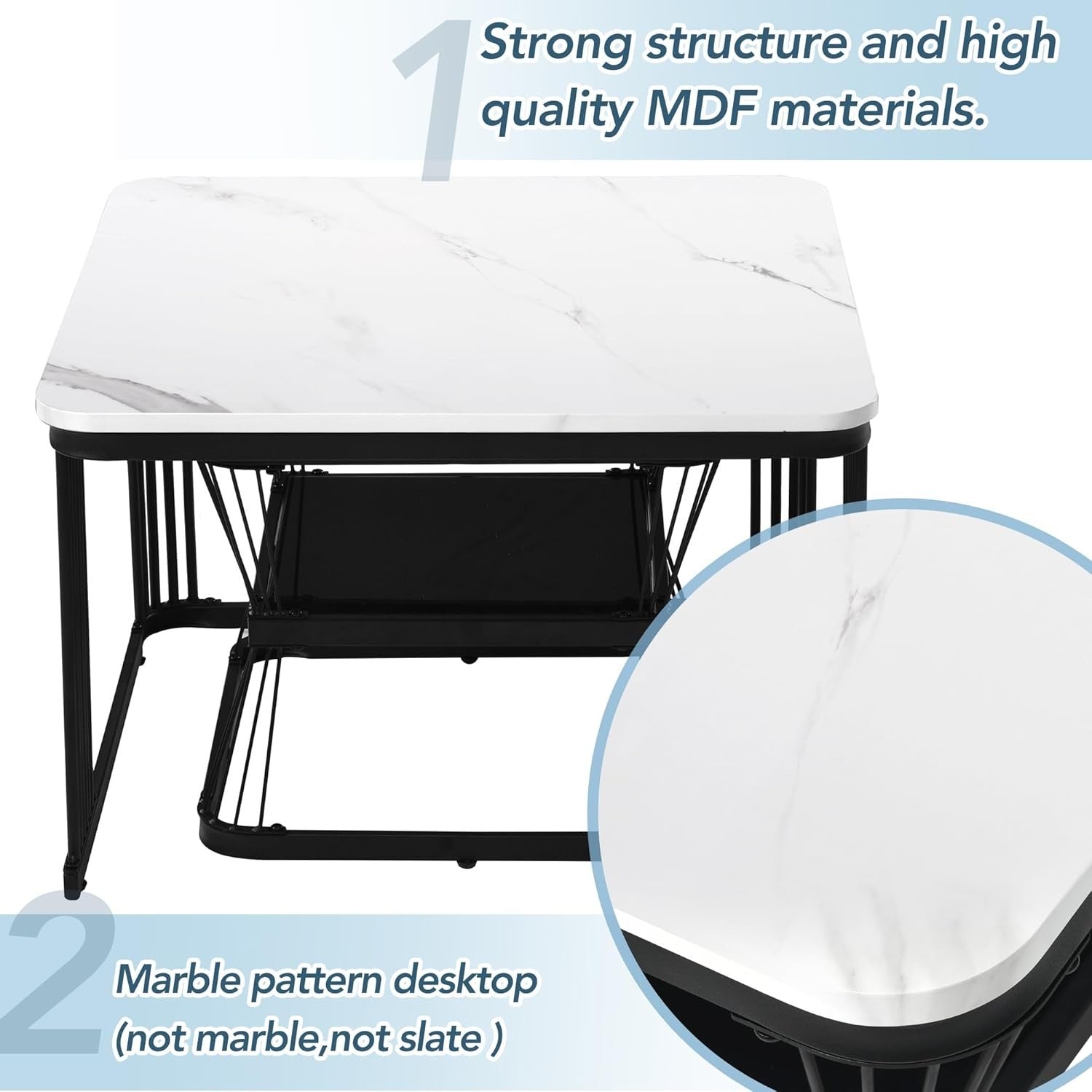 2-in-1 Nesting Coffee Tables, Square Marble White Top, Metal Frame, Space-Saving