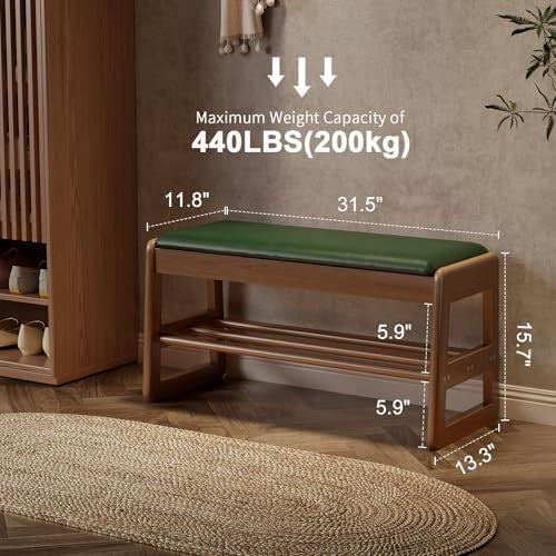 Small Flip-Top Shoe Bench with Green Cushion | 2-Tier Walnut Shoe Rack Entryway