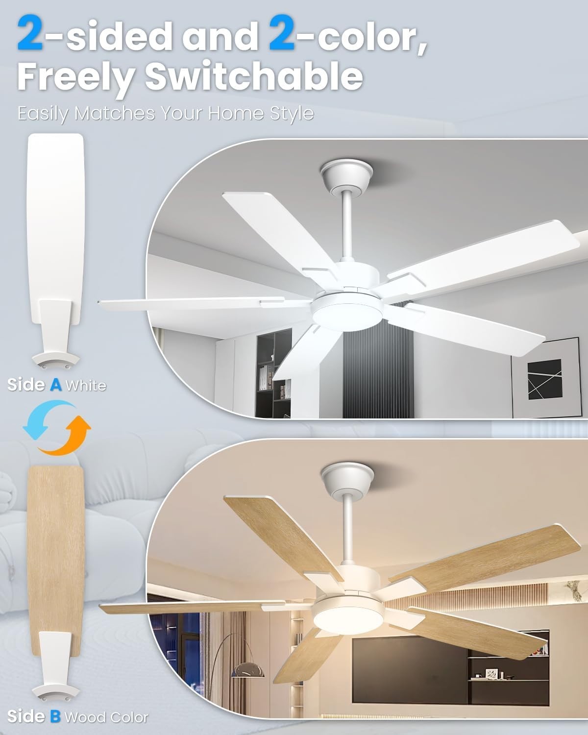Mefine 52" Ceiling Fan with LED Light, Silent, 6 Speeds, Remote, 5 Blades