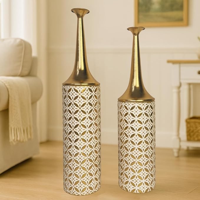 Tall Floor Vases Set of 2 Gold White Metal Home Decor 66/59cm