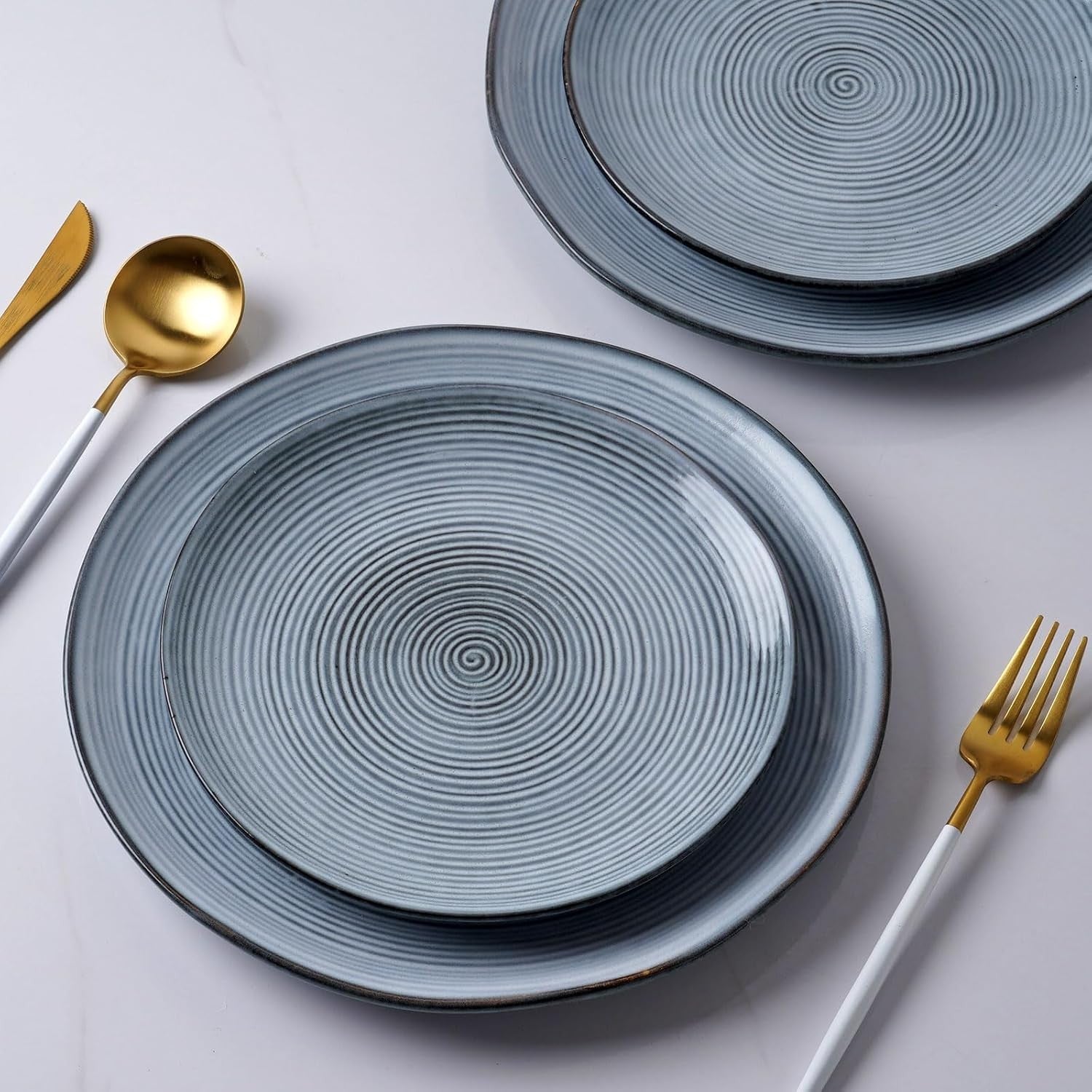 18pc Stoneware Dinnerware Set Plates Bowls Blue Swirl Service for 6