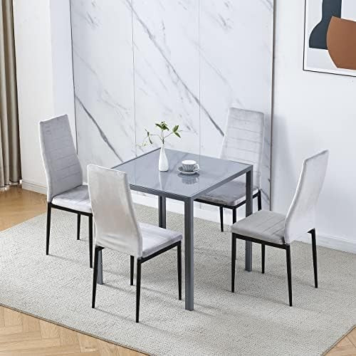 Square Glass Dining Table Set 4 Chairs Modern Space Saving Grey Flannel