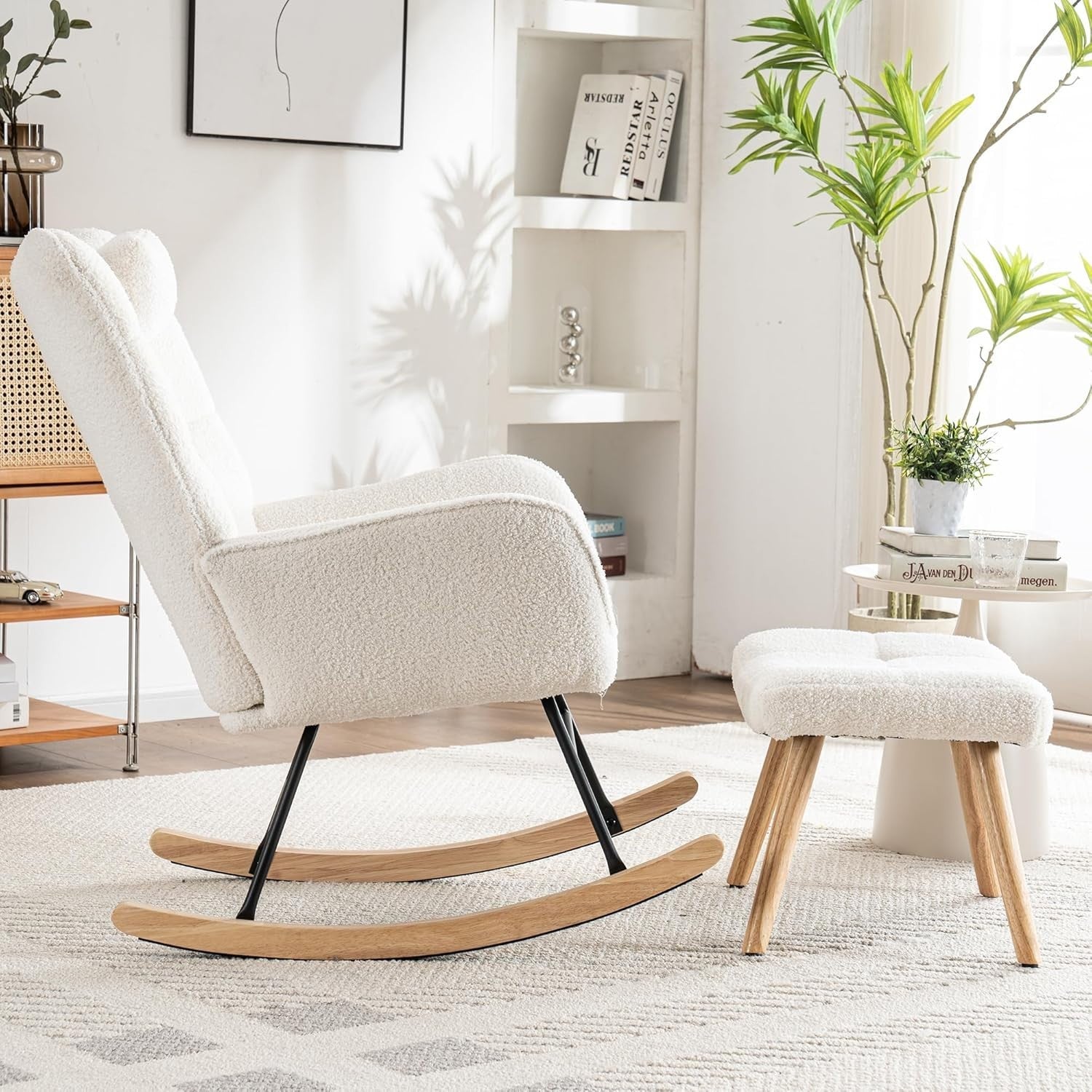 Ergonomic Rocking Chair with Neck Pillow & Footstool, Solid Wood Legs
