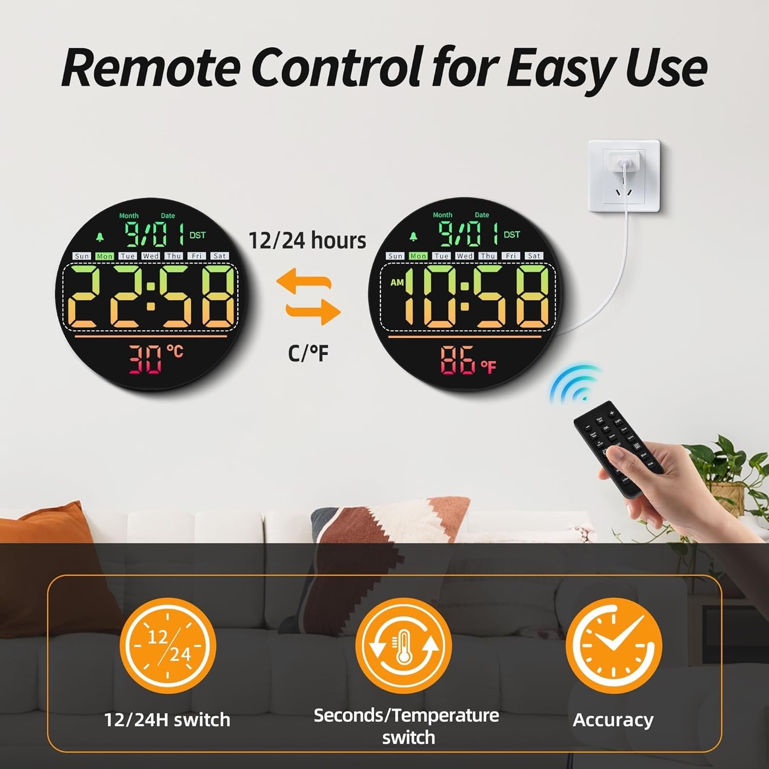 Large LED Digital Wall Clock RGB Timer Seconds Temp Date Remote Display