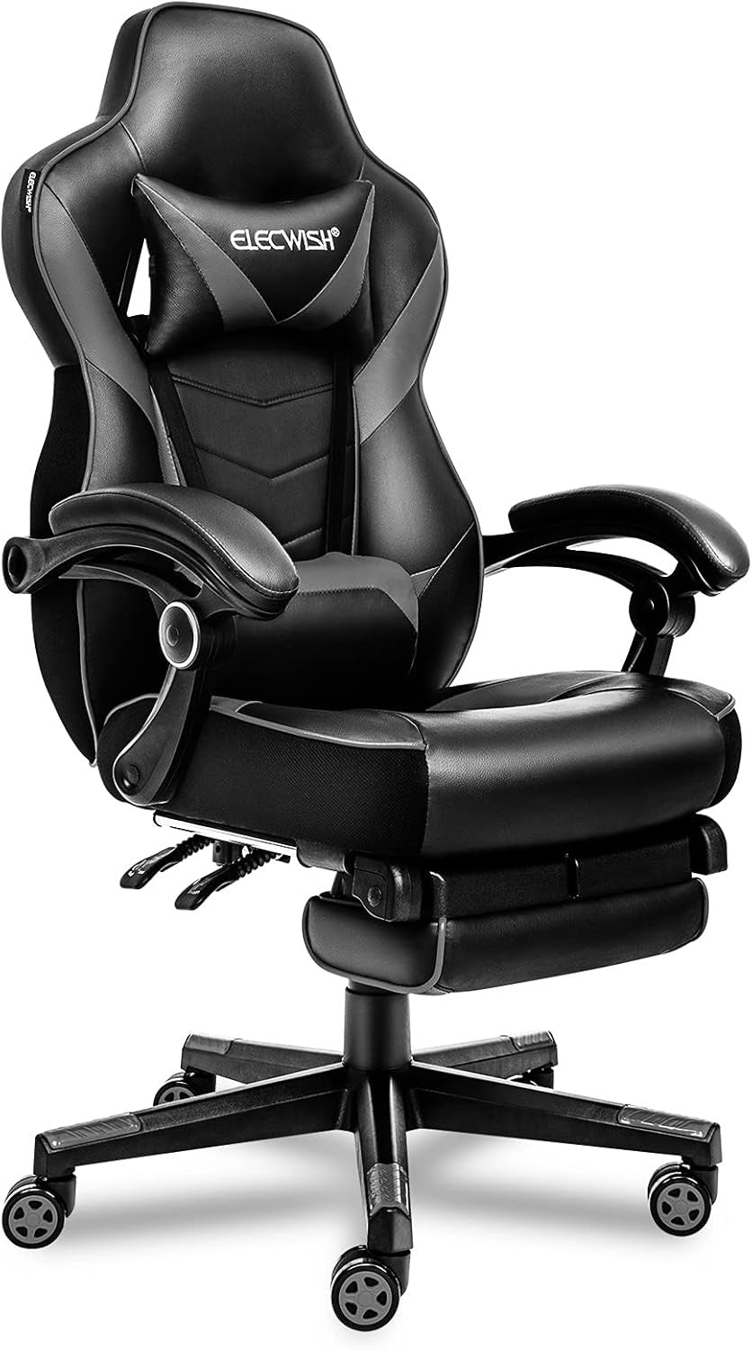 Racing Gaming Chair w/ Footrest Reclining PU Leather Grey