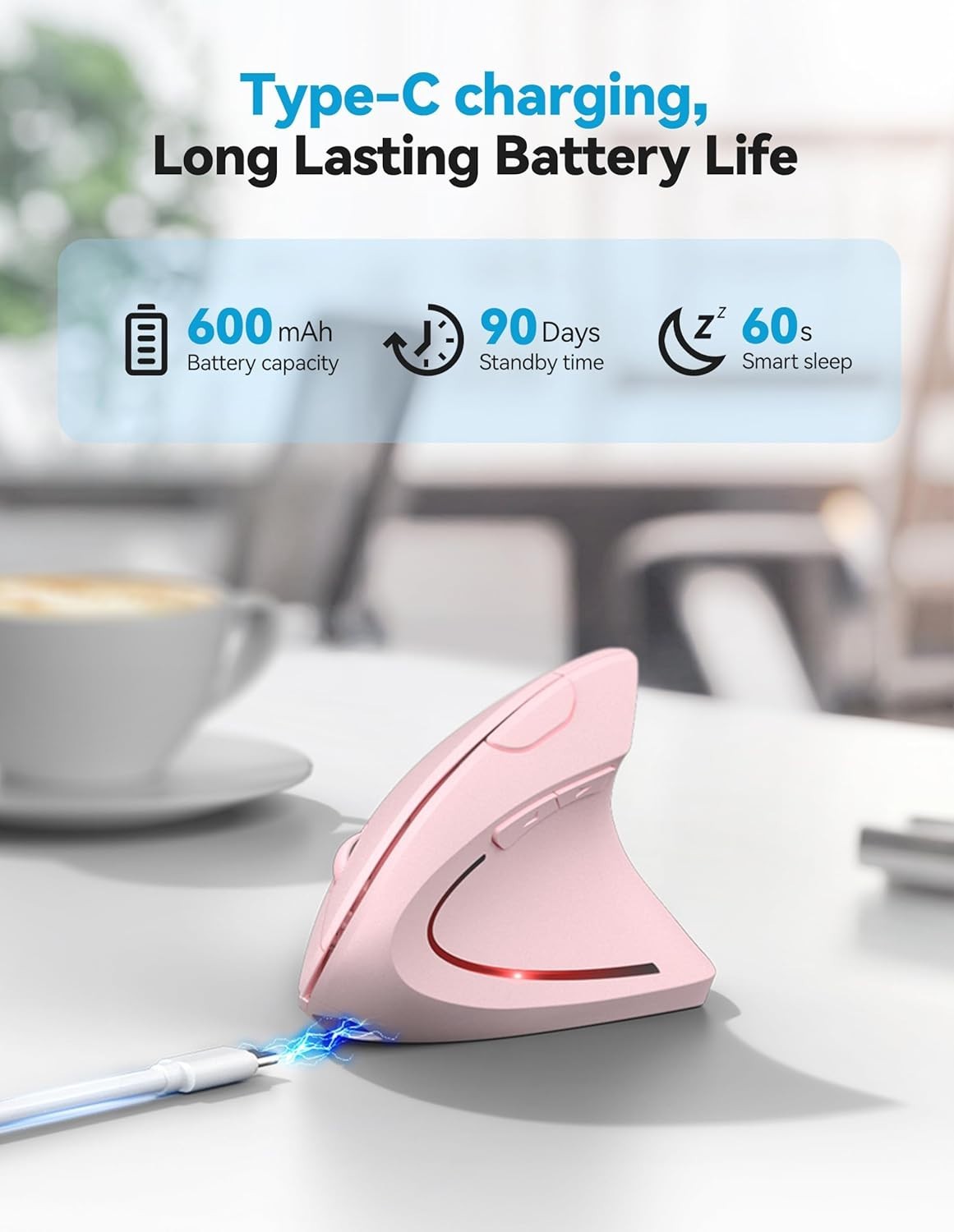 Pink Vertical Ergonomic Mouse Bluetooth Rechargeable 4800 DPI