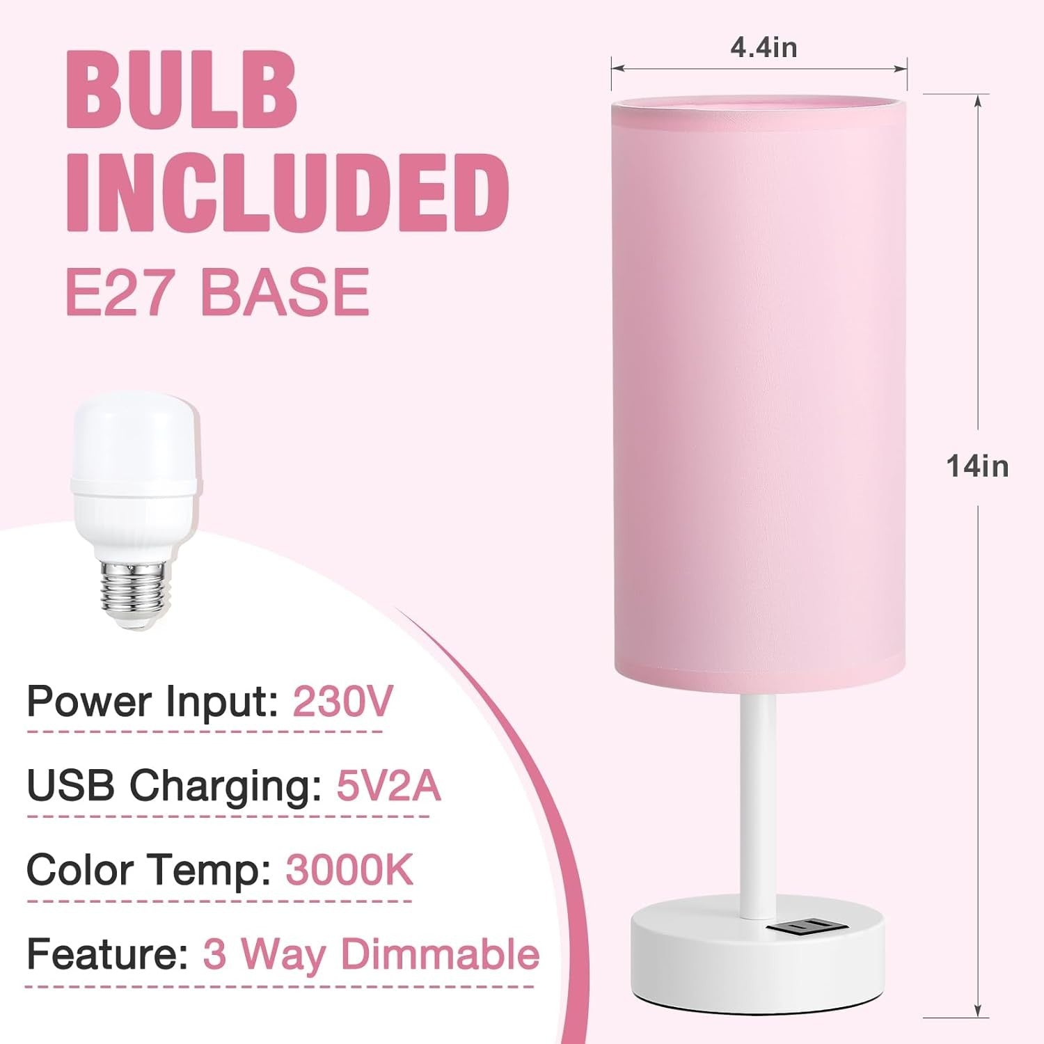 Touch Bedside Table Lamp Pink USB Charging Night Light E27 Modern