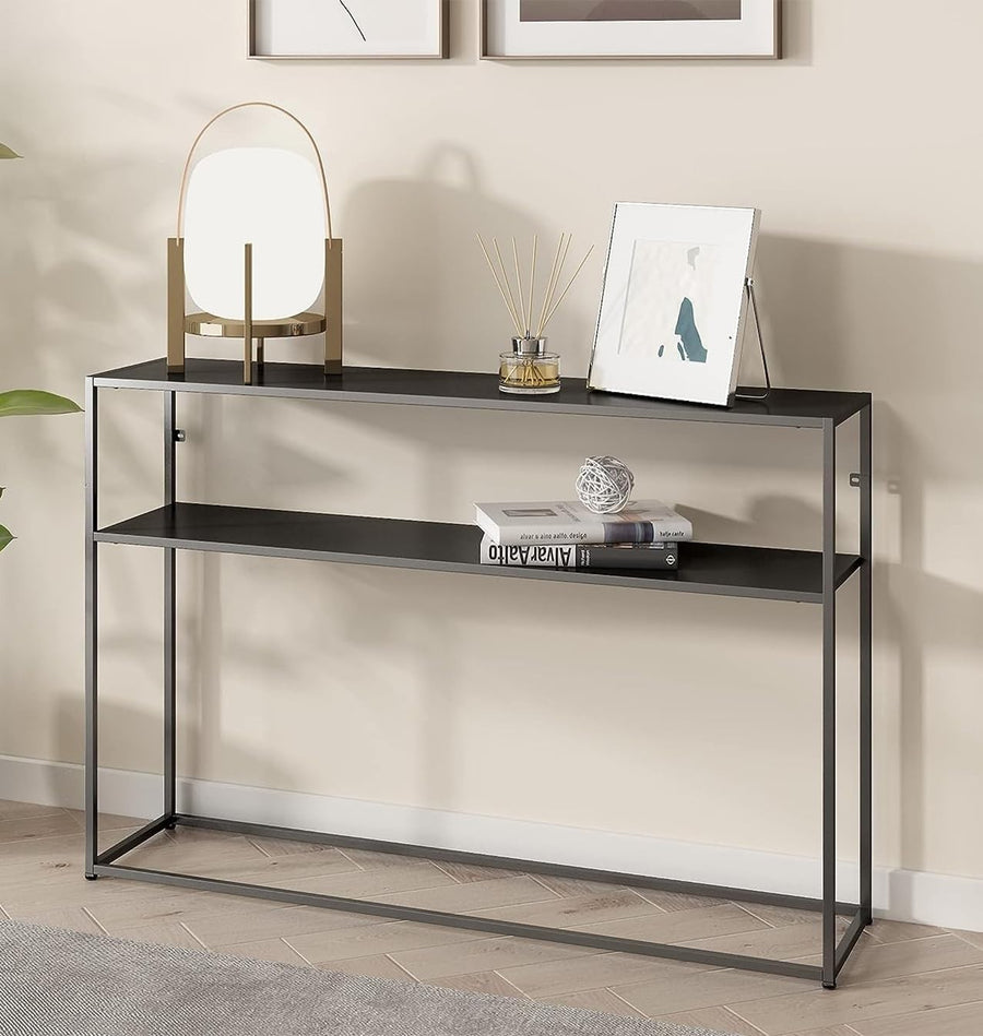 Black Metal Console Table with Shelf, Narrow Hallway Side Table, Storage