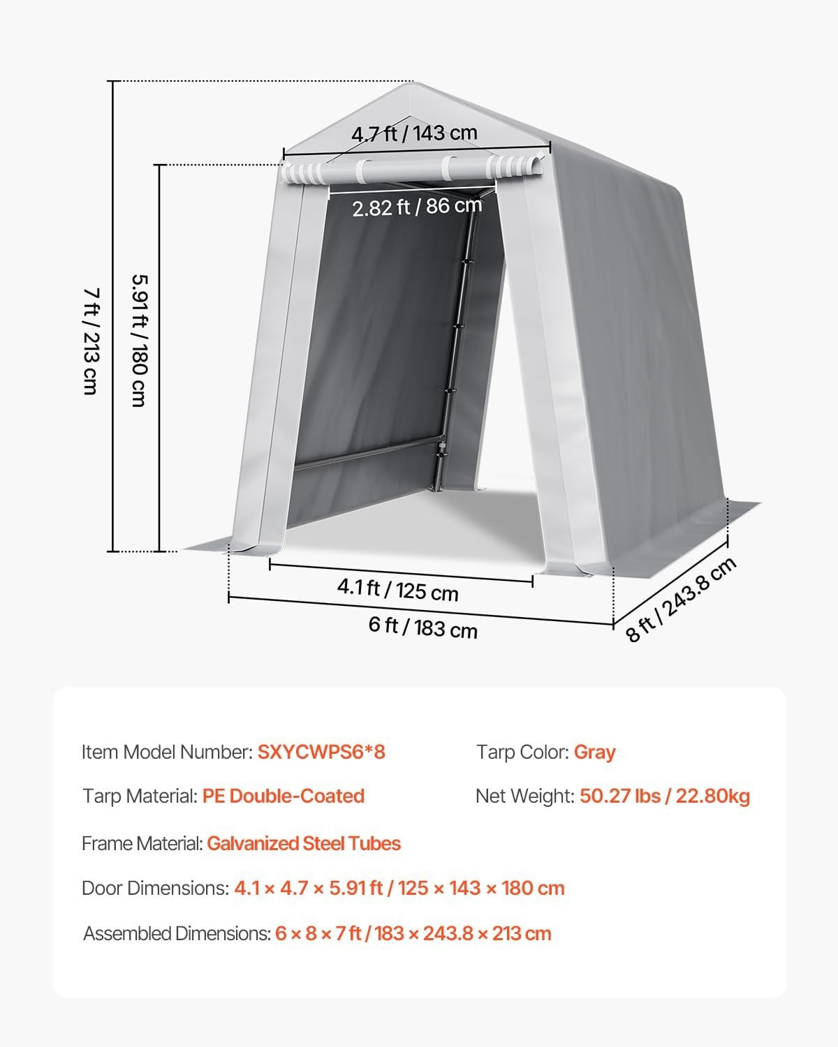 Outdoor Storage Shed Tent 6x8FT Waterproof PE Shelter with Steel Frame & Doors