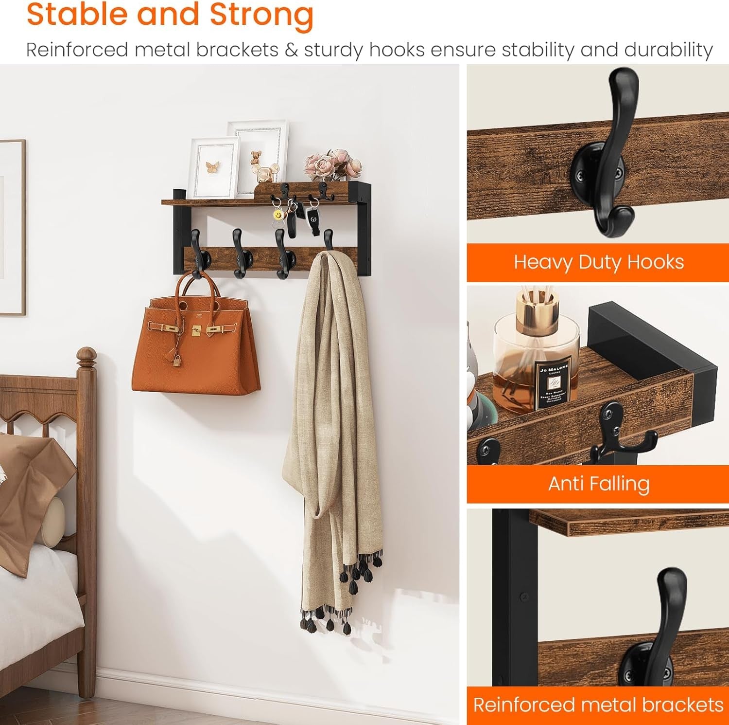 Rustic Wall Coat Rack with Shelf & Key Holder Wood Floating Entryway Organizer