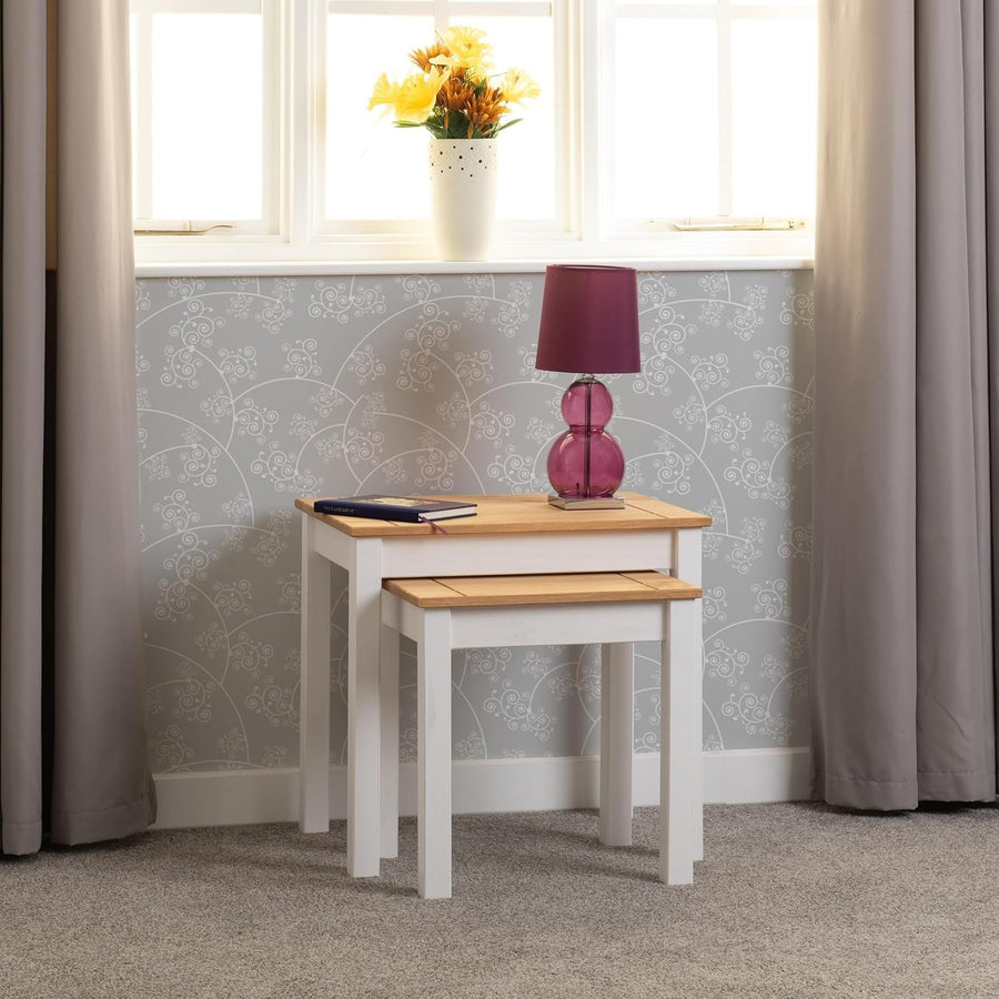 Nest of 2 End Tables Modern White/Natural Wood Pine Side Tables Coffee Table