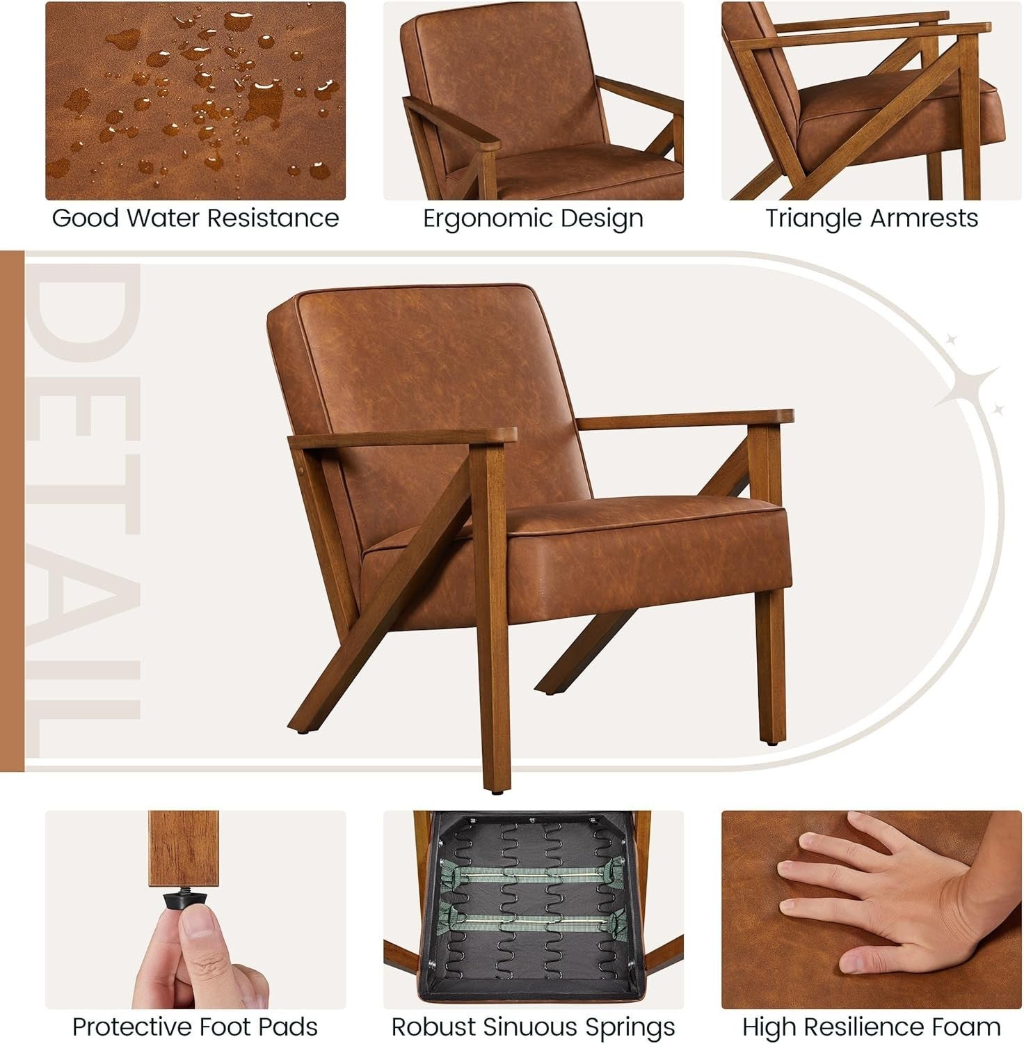 Modern PU Leather Armchair with Wooden Frame – Retro Lounge Sofa Chair Brown