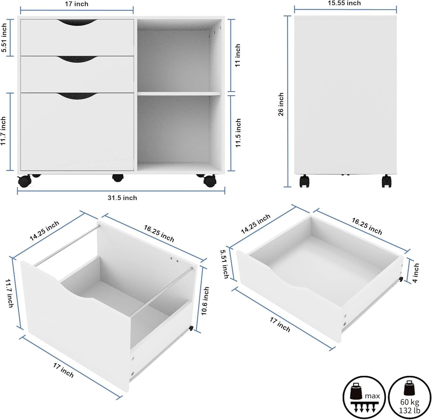 Large Rolling Lateral File Cabinet 3 Drawer Open Shelf Printer Stand