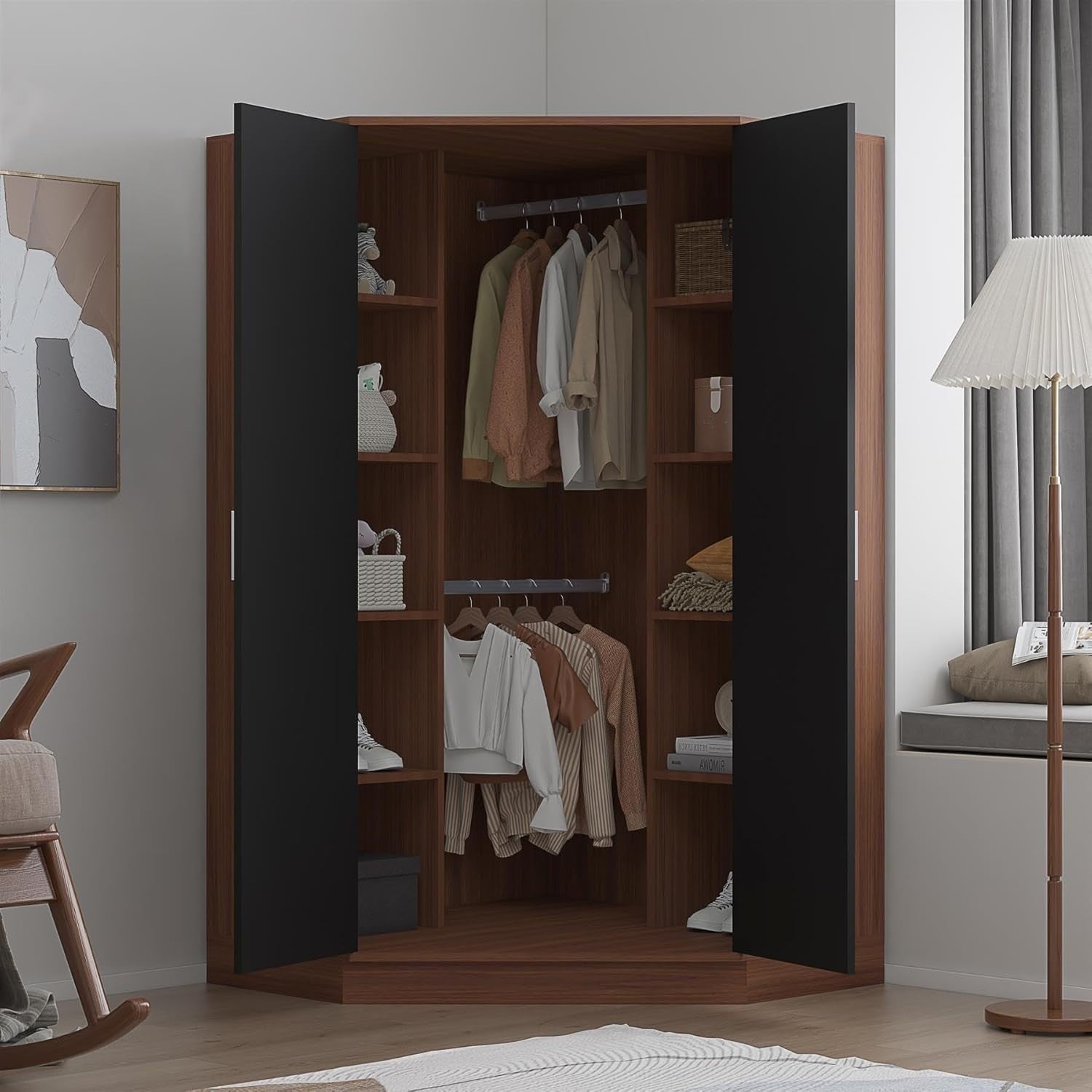 Modern Corner Wardrobe with Black Gloss & Walnut | 2 Doors, 8 Shelves & Rails