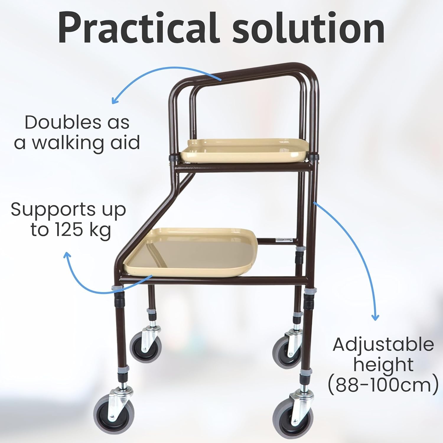 Mobility Trolley Walker with Wheels Adjustable Height Storage Shelves