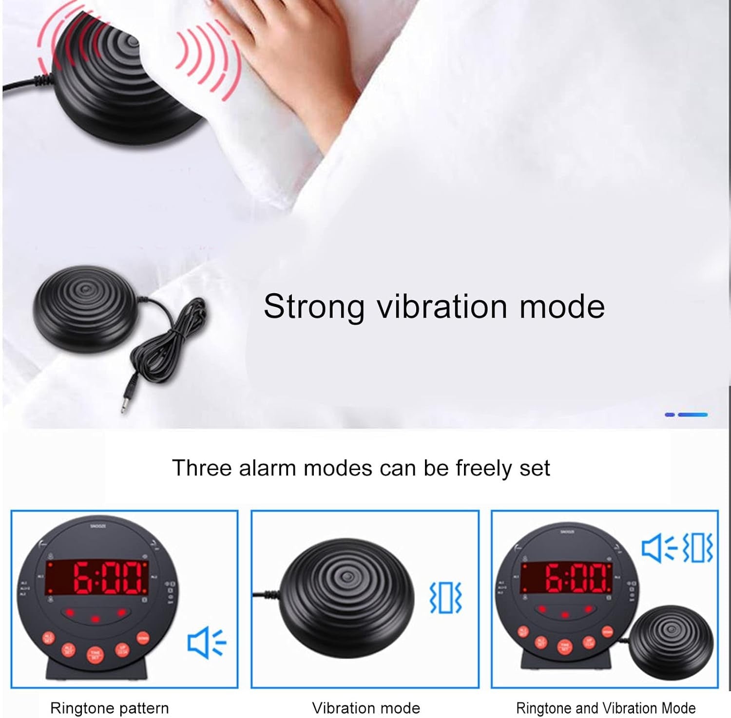 Extra Loud Alarm Clock Bed Shaker Vibrating Red LED Deaf Heavy Sleepers