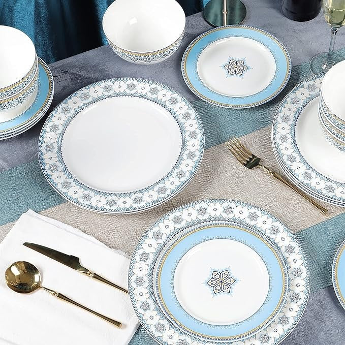18pc Blue White Porcelain Dinner Set for 6 Plates Bowls Patterned Tableware