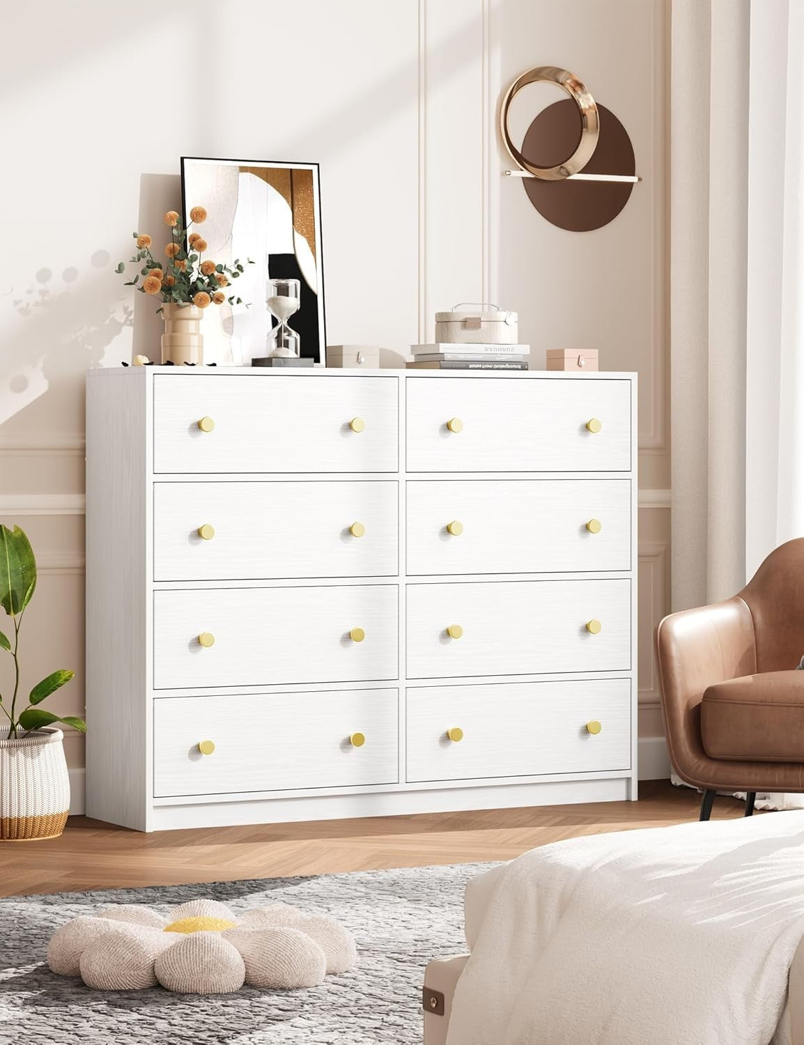 8 Drawer Chest White Fabric Storage Dresser Gold Handles Bedroom Unit