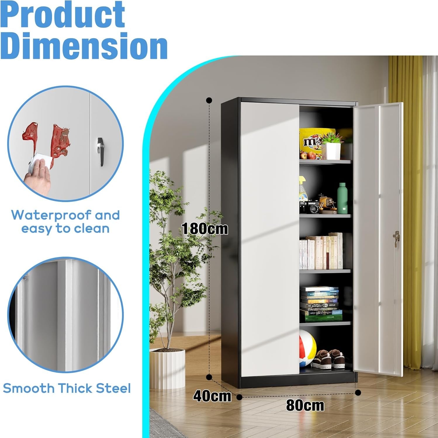 Tall Metal Storage Cabinet 180cm Lockable Cupboard with 4 Adjustable Shelves