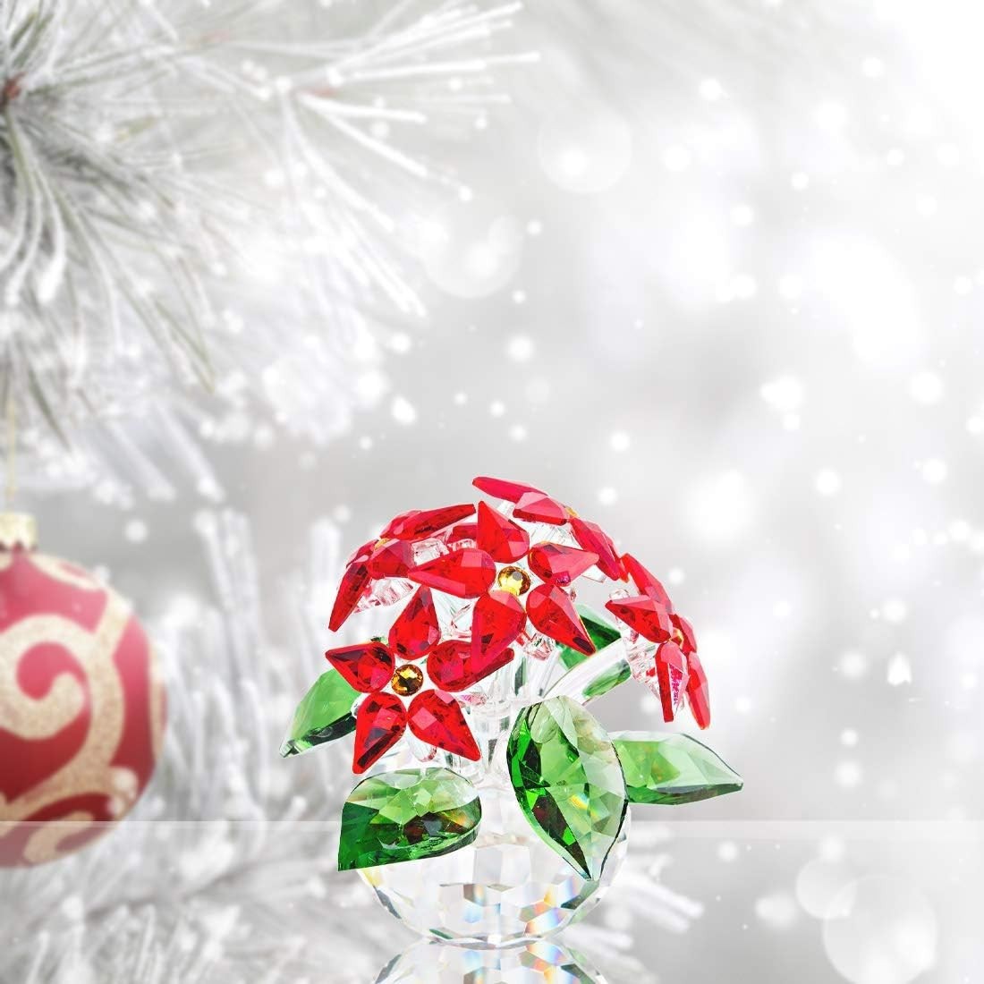 Crystal Poinsettia Flower Ornament • Red Glass Figurine • Luxury Table Décor