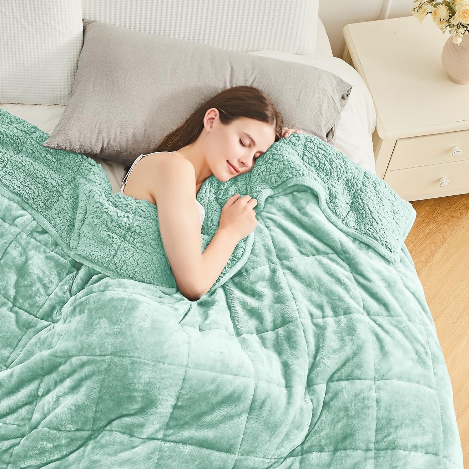 Weighted Blanket 15lb Sherpa Fleece Cozy Sleep Aid 60x80 Dusty Green Queen