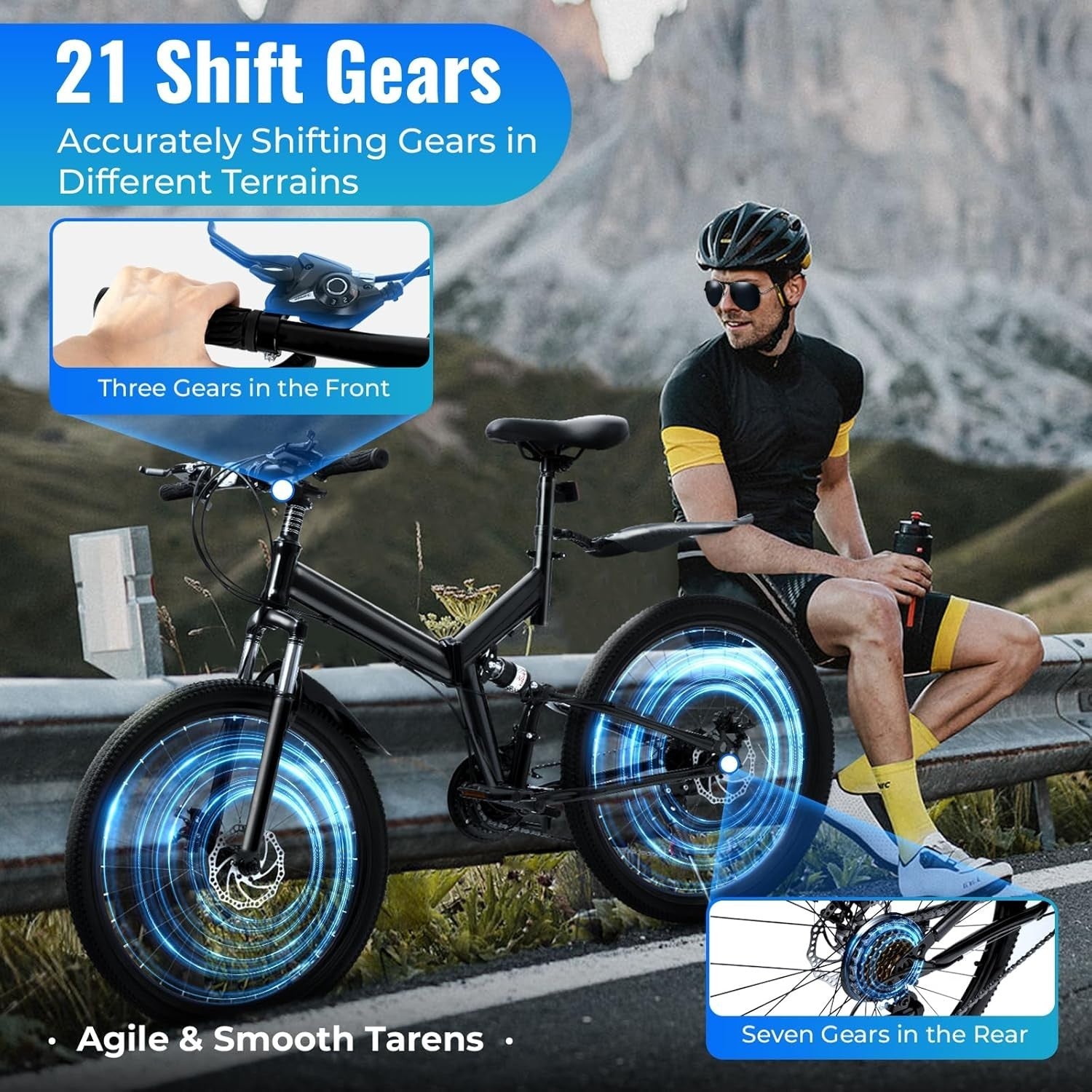 26" Folding Mountain Bike 21 Speed Mens Full Suspension Disc Brake