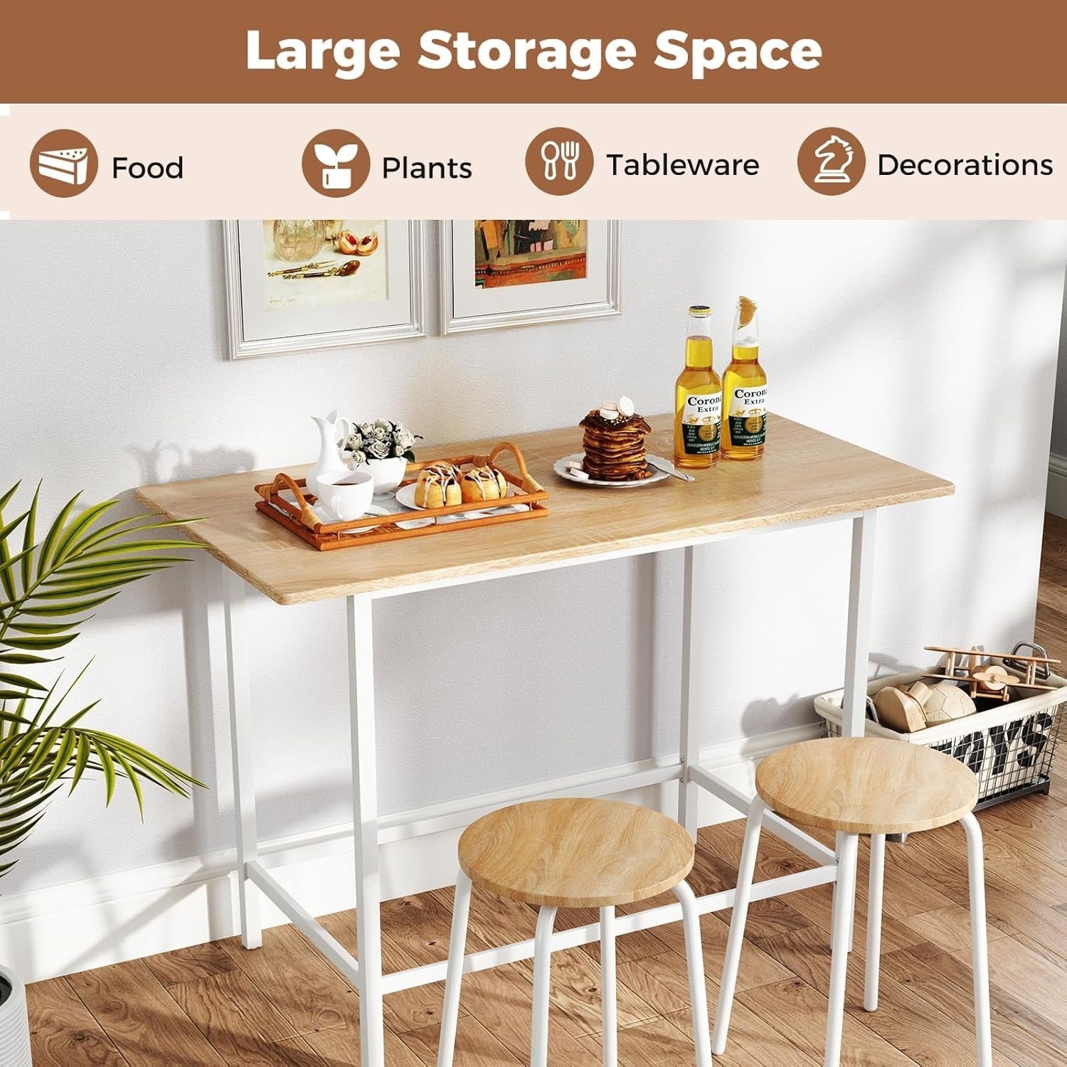 3-Piece Dining Bar Table Set with 2 Stools Wooden Top Metal Frame White Home