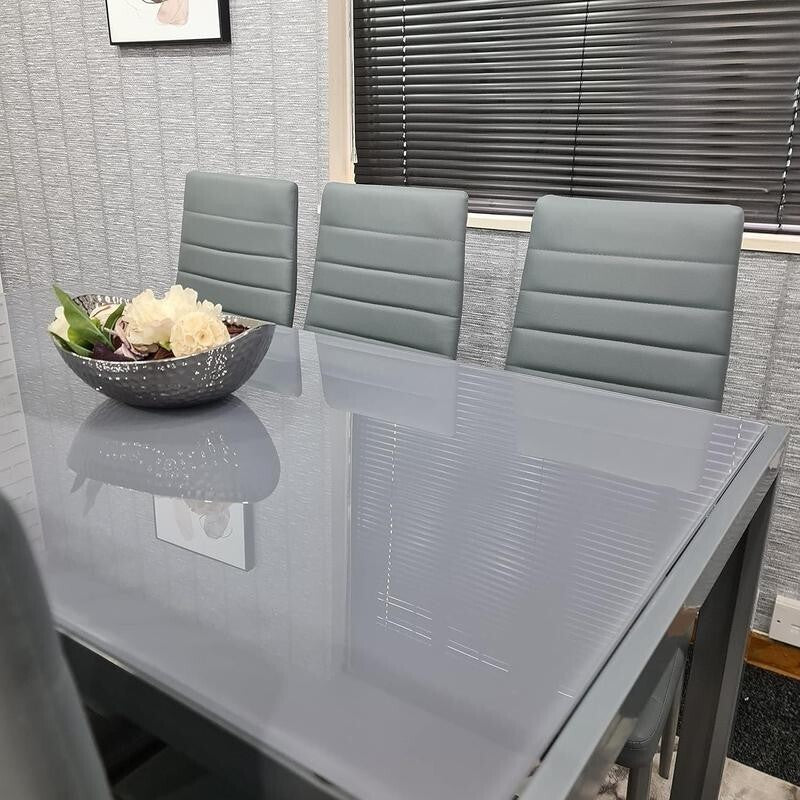 6 Seater Grey Glass Dining Table Set with Faux Leather Chairs & Metal Legs