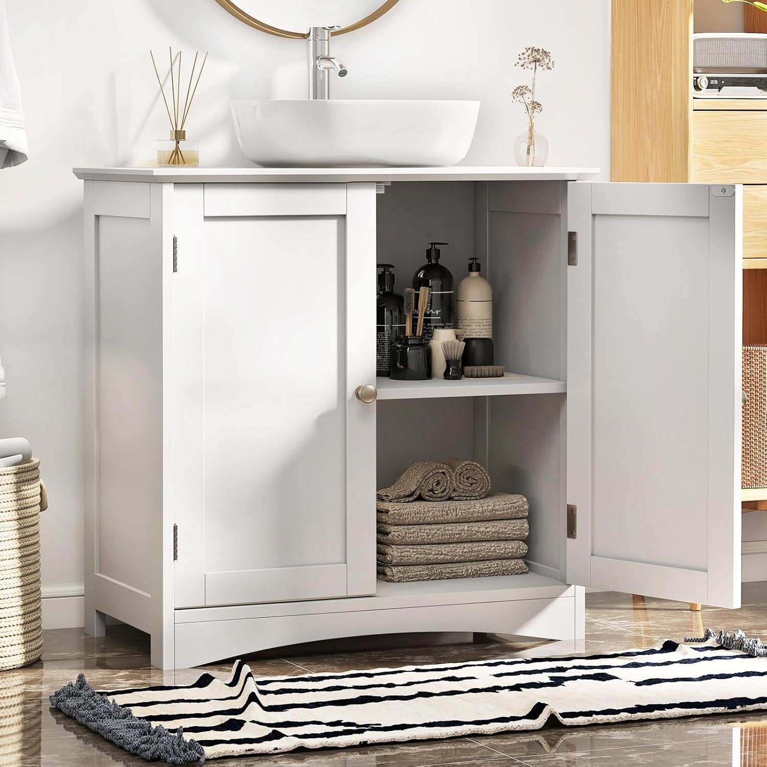 White Under Sink Bathroom Cabinet with 2 Doors & Shelf – Freestanding Storage Un