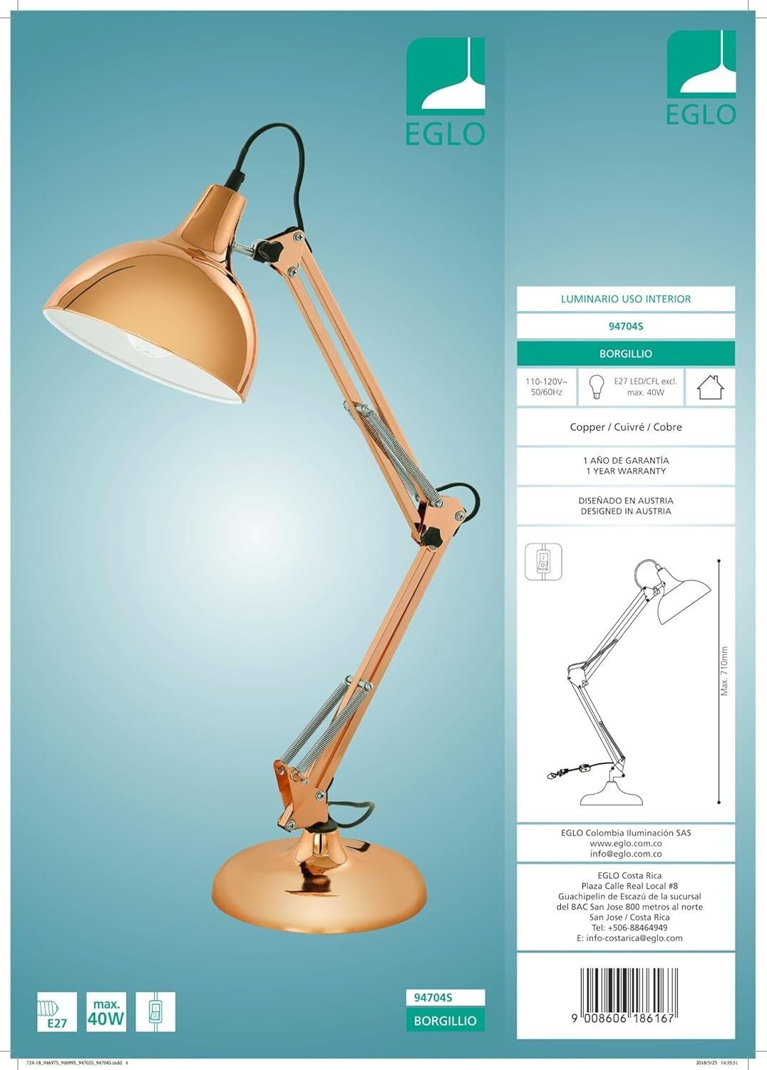 Adjustable Vintage Copper Desk Lamp with E27 Socket & Switch, 71cm
