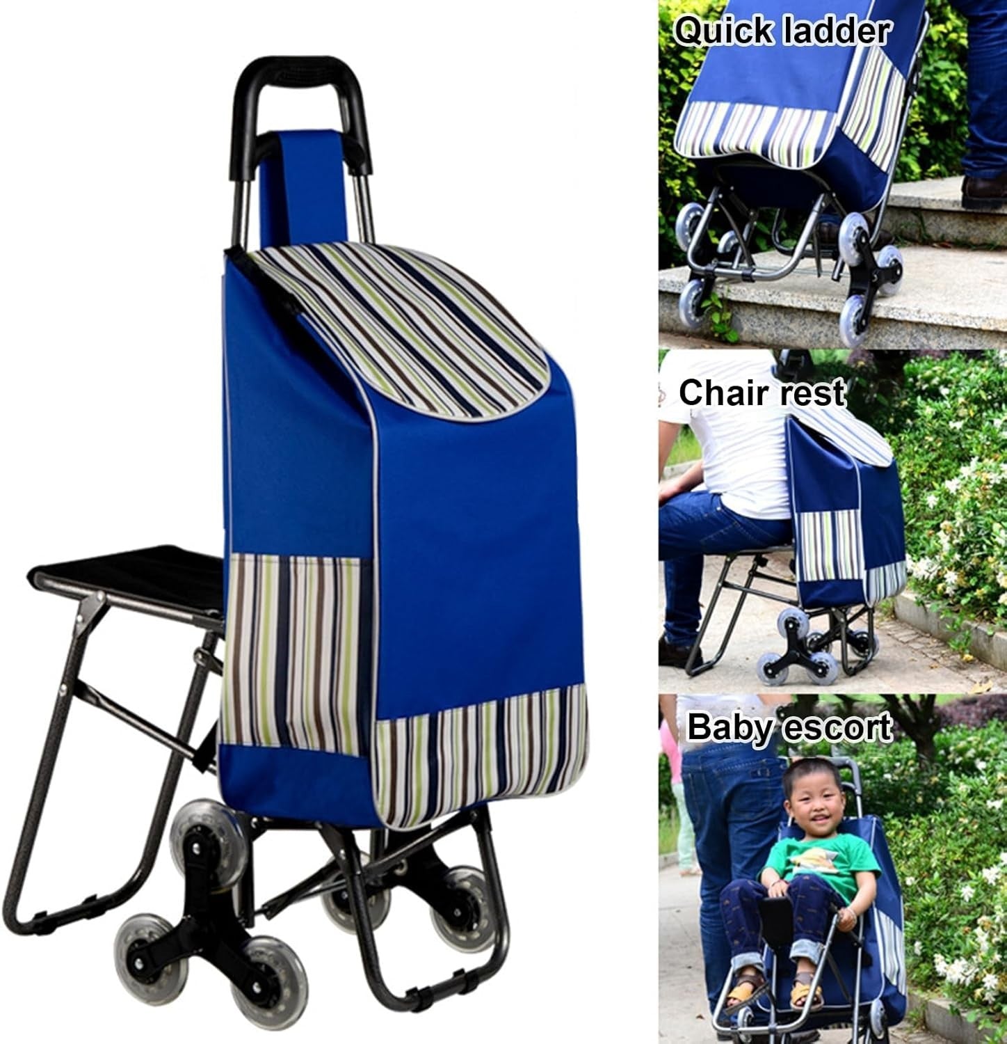 Foldable Stair Climber Shopping Trolley w/ Seat, Detachable Bag & 3-Wheel Design