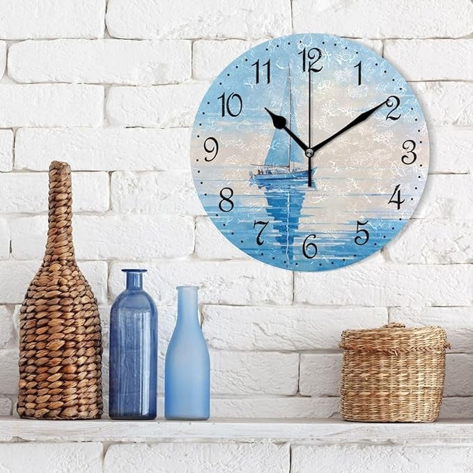 Sailboat Wall Clock 25cm Blue Ocean Art Silent Non-Ticking Nautical Home Decor