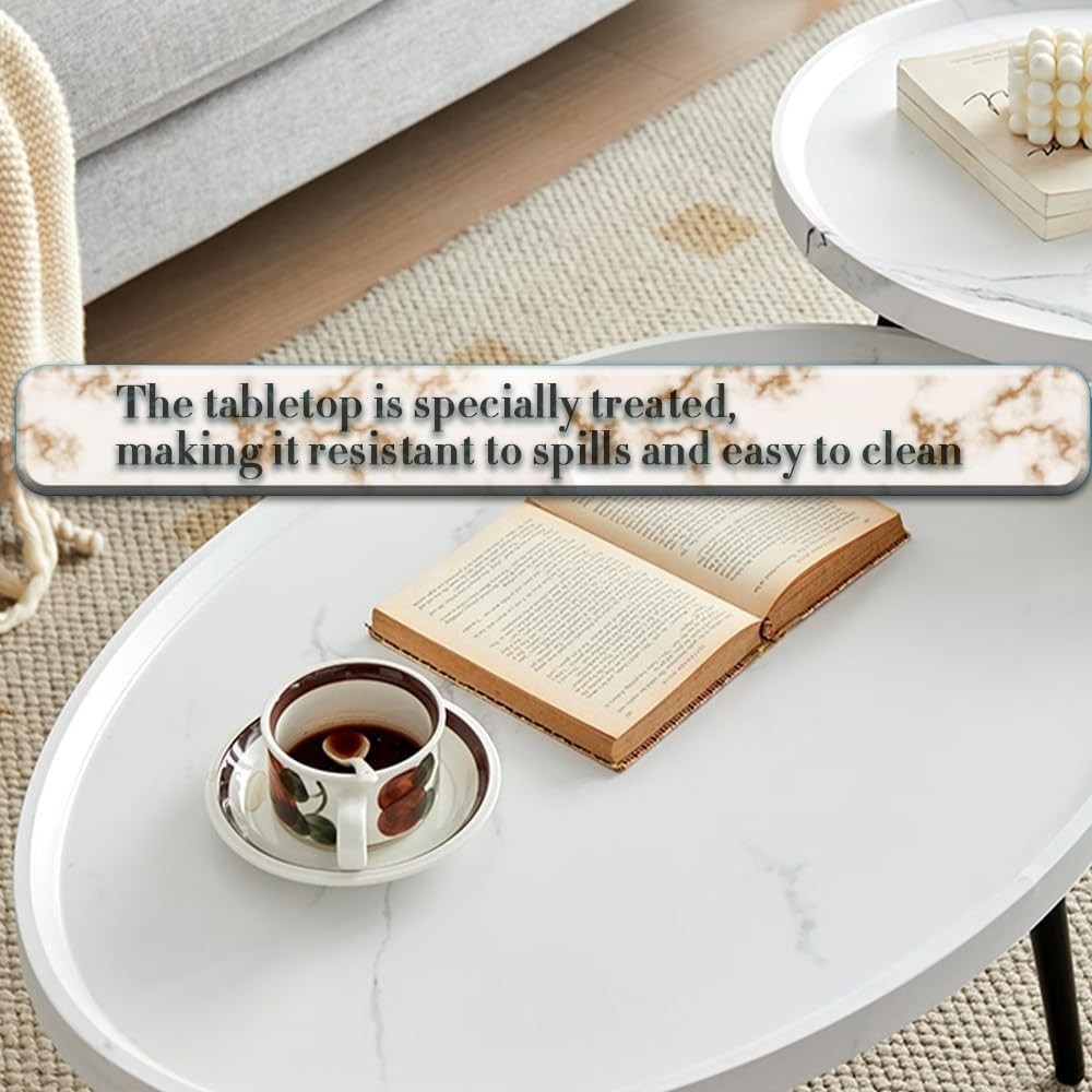 White Nesting Coffee Table Set Oval & Round Wood Living Room Storage Side End