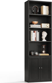 6 Tier Black Bookcase with Doors Tall Storage Cabinet Shelf 48x24x176cm Display