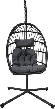 Foldable Rattan Hanging Egg Chair with Cushion for Indoor Outdoor (Light Grey)