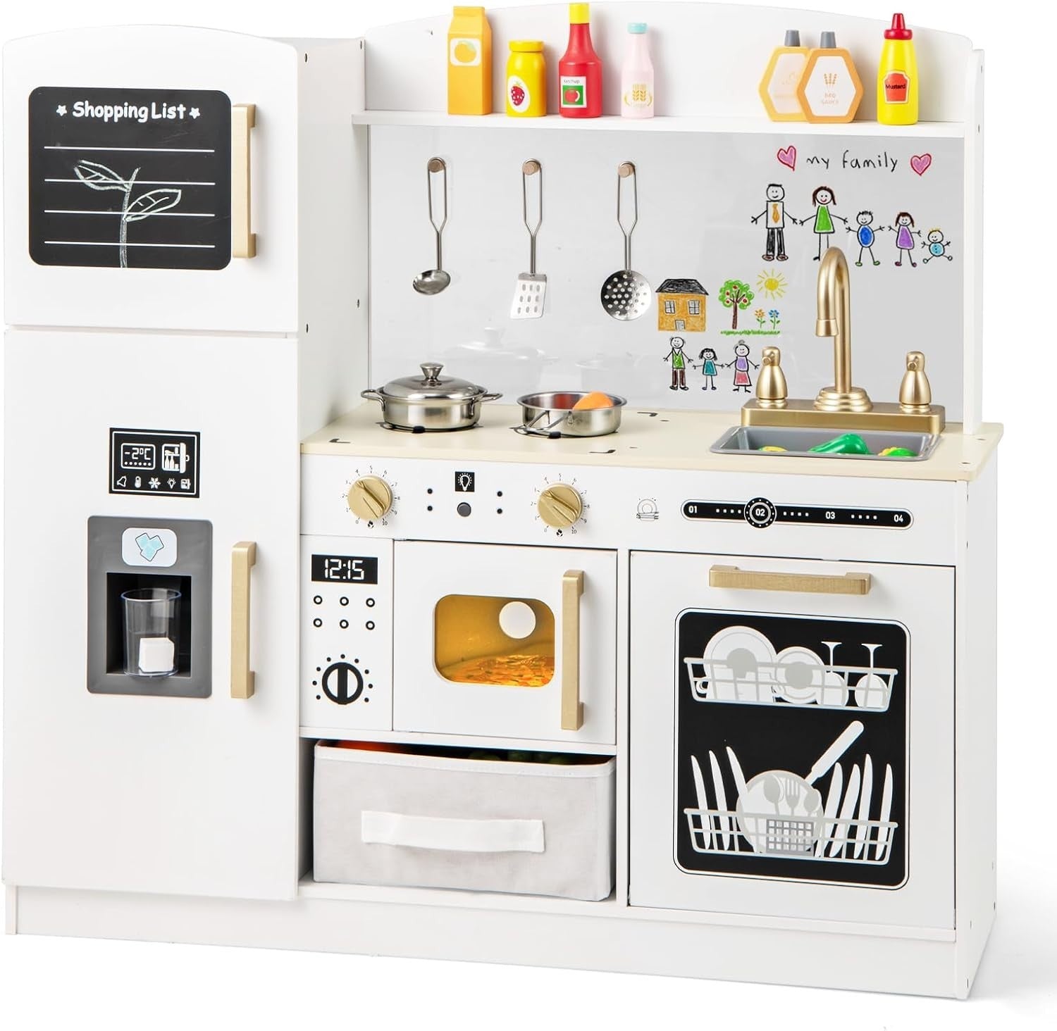 Kids Wooden Play Kitchen w/ Chalkboard Ice Maker White Toy