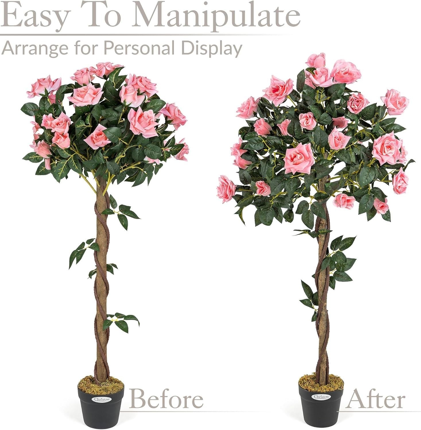 4ft Artificial Pink Rose Trees 2-Pack Twisted Trunk Potted Indoor Outdoor Decor