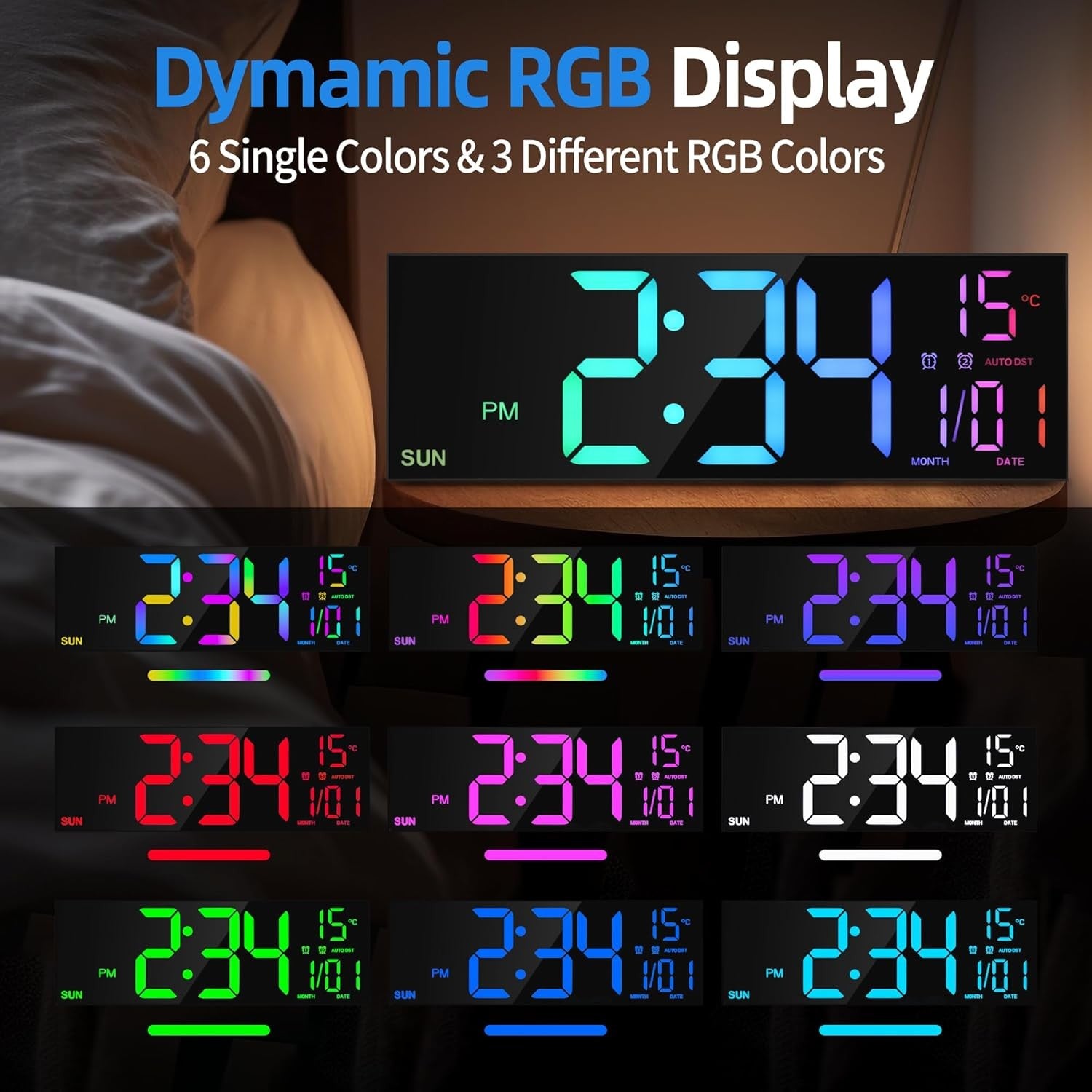 Black 16.5'' Large LED Digital Wall Clock RGB Remote Temperature Display