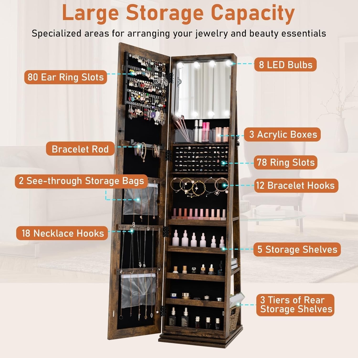 Rustic Brown 360° Swivel LED Jewelry Cabinet Mirror Lockable Storage