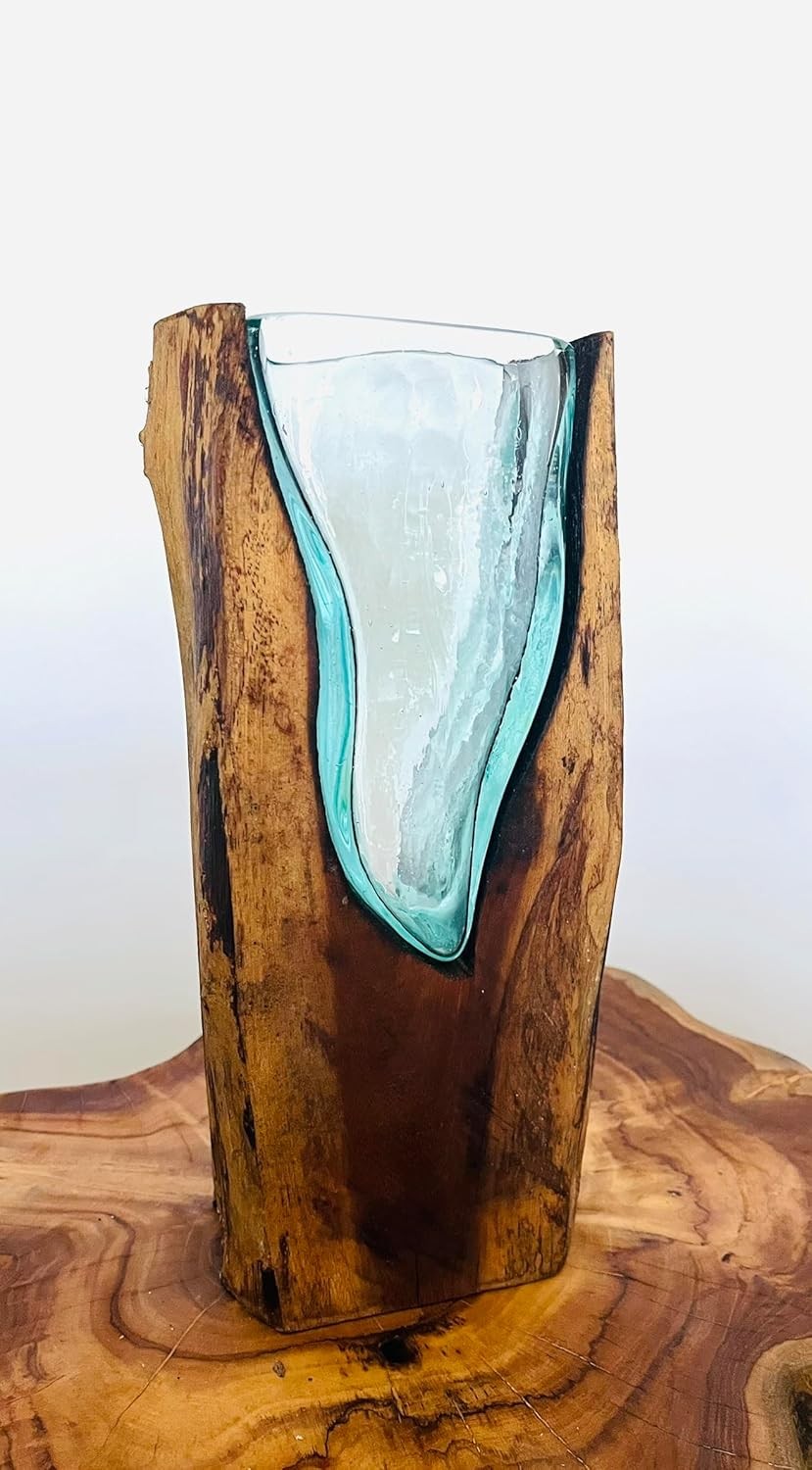 Molten Glass Vase on Wood Root Stand Rustic Handmade Home Decor Sculpture