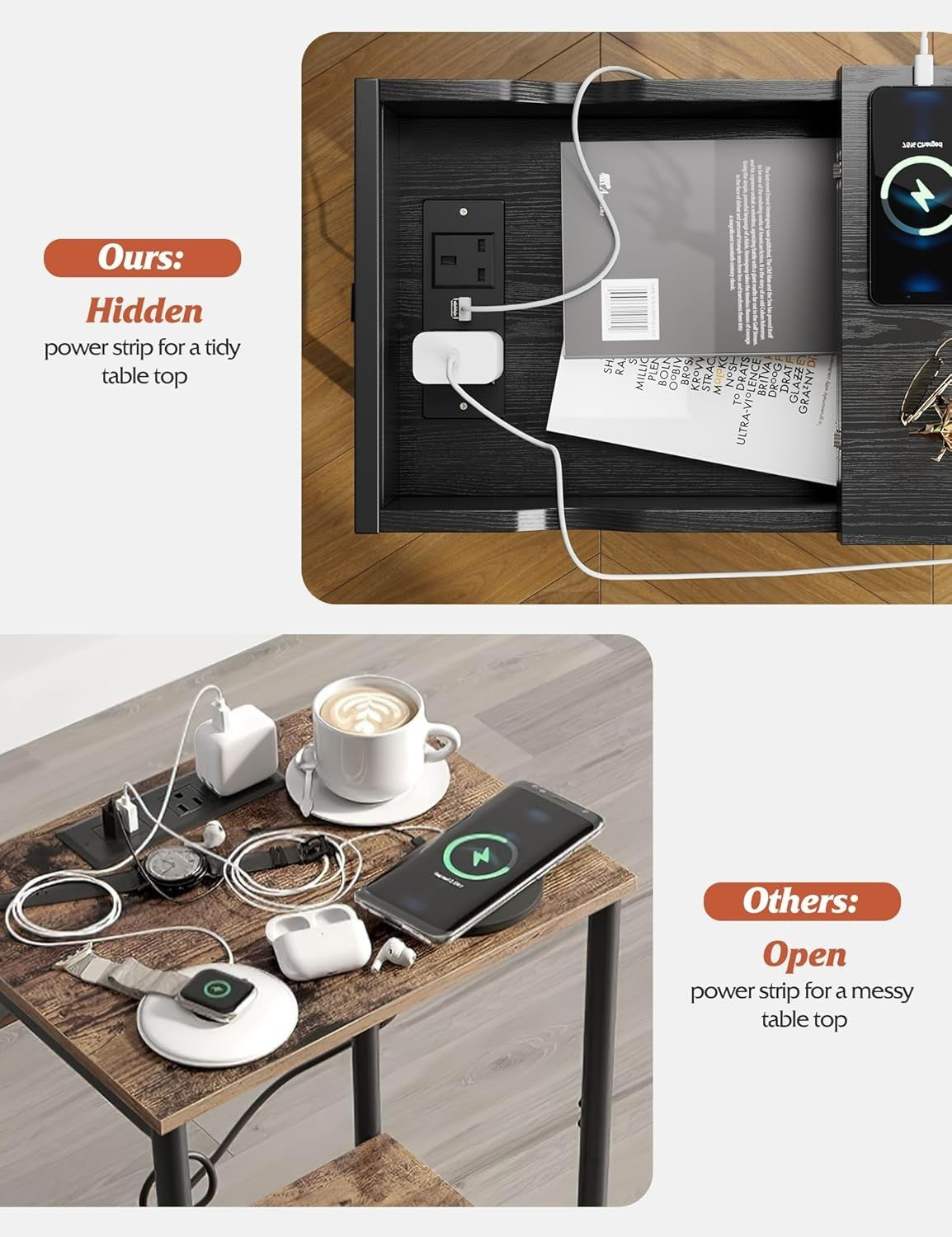 Black Narrow Side Table with USB Ports, Charging Shelf & Storage Bags