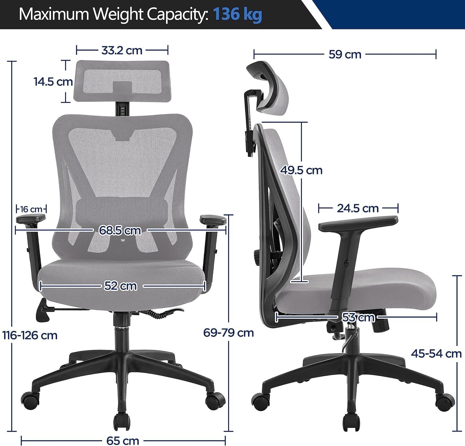 Ergonomic Mesh Office Chair Swivel Computer Desk Seat Reclining Grey 300lbs Max