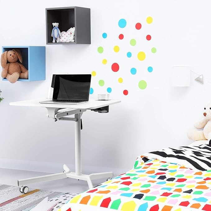 Mobile Sit Stand Laptop Desk on Wheels Adjustable Ergonomic Workstation White