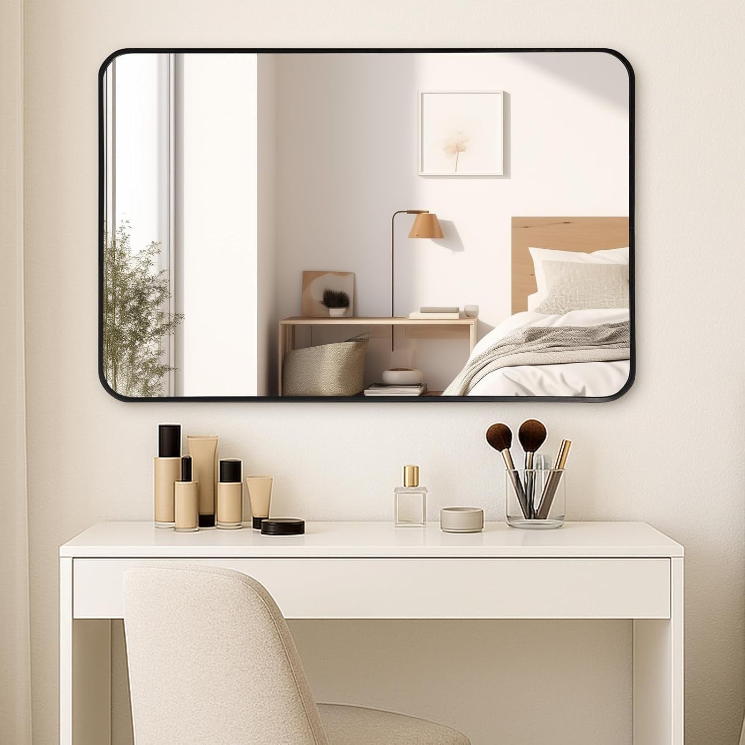 Bathroom Wall Mirror 100x70cm Black Aluminum Frame Curved Corners No LED